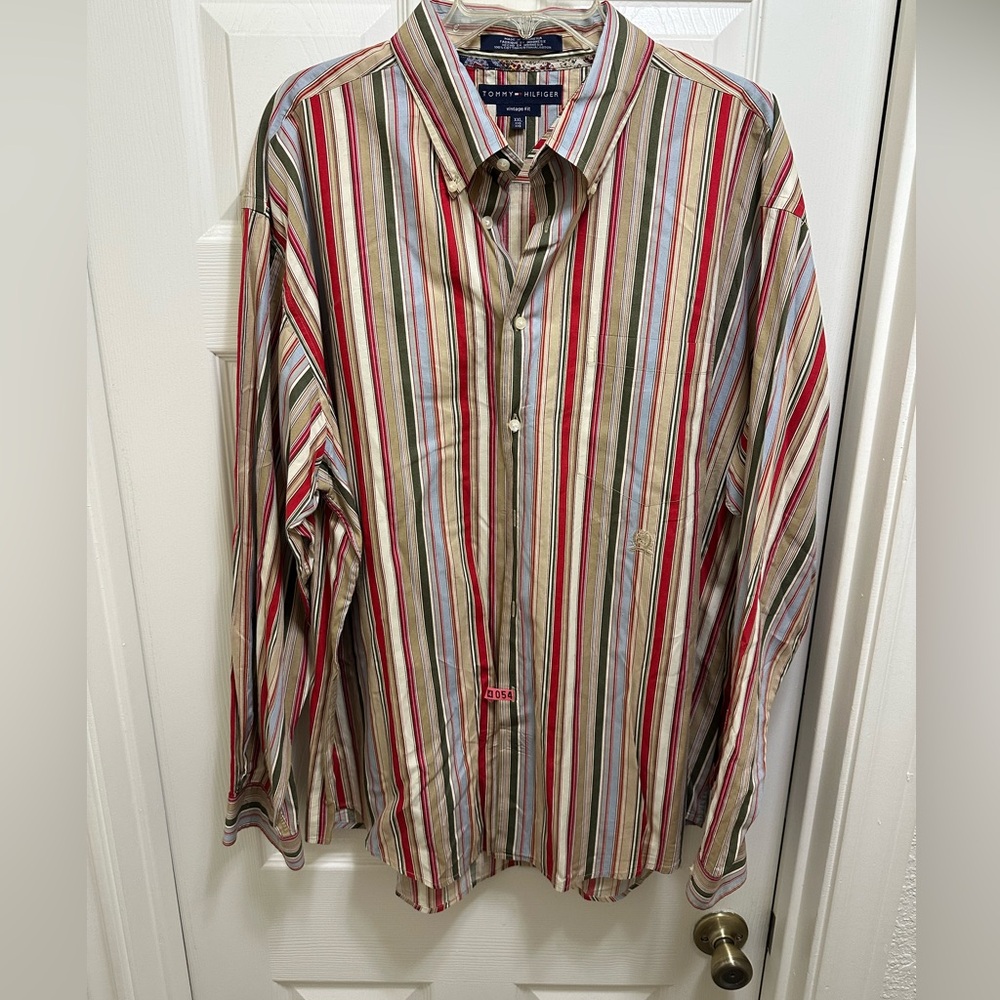 Tommy Hilfiger Men's Red and Green Striped Shirt